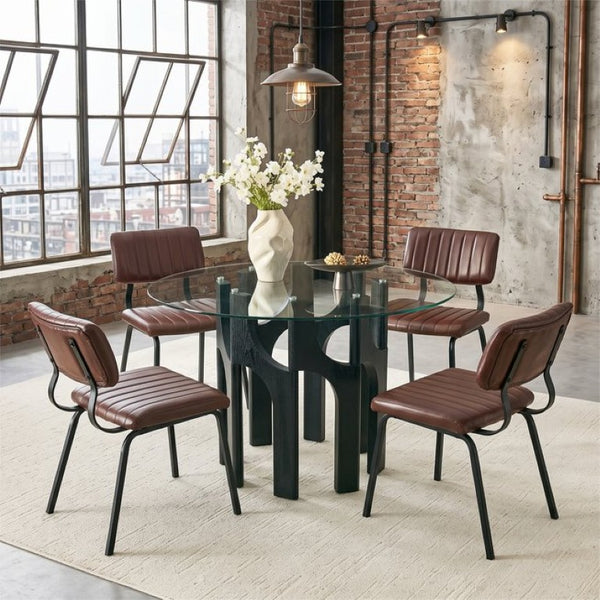 English Elm Brown Faux Leather Channel Tufted Chairs with Round Tempered Glass Industrial Table W3875S00183