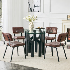 English Elm Brown Faux Leather Channel Tufted Chairs with Round Tempered Glass Industrial Table W3875S00183