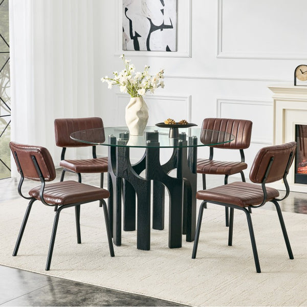 English Elm Brown Faux Leather Channel Tufted Chairs with Round Tempered Glass Industrial Table W3875S00183