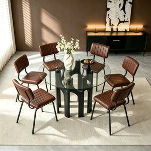 English Elm Brown Faux Leather Channel Tufted Chairs with Round Tempered Glass Industrial Table W3875S00183