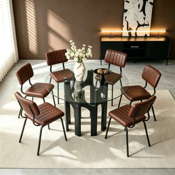 English Elm Brown Faux Leather Channel Tufted Chairs with Round Tempered Glass Industrial Table W3875S00183
