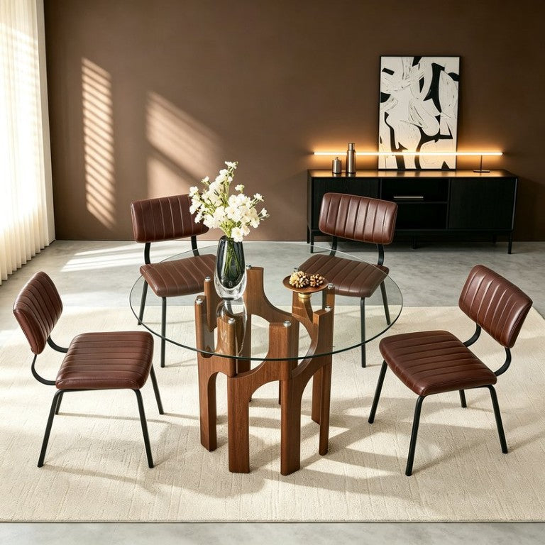 English Elm Brown Faux Leather Tufted Chair and Round Tempered Glass Table Industrial Dining Set W3875S00184