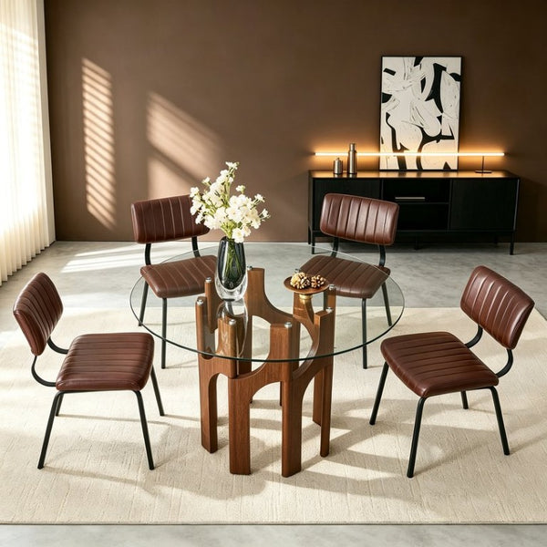 English Elm Brown Faux Leather Tufted Chair and Round Tempered Glass Table Industrial Dining Set W3875S00184