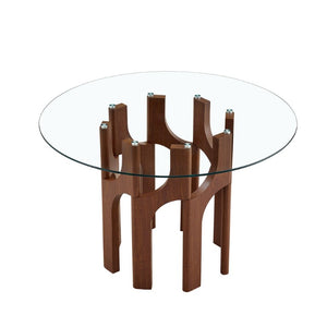 English Elm Brown Faux Leather Tufted Chair and Round Tempered Glass Table Industrial Dining Set W3875S00184