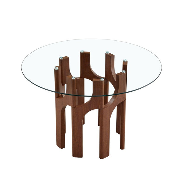 English Elm Brown Faux Leather Tufted Chair and Round Tempered Glass Table Industrial Dining Set W3875S00184