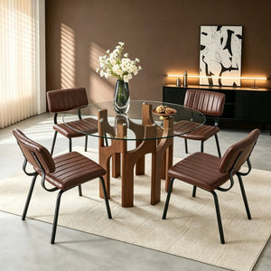 English Elm Brown Faux Leather Tufted Chair and Round Tempered Glass Table Industrial Dining Set W3875S00184