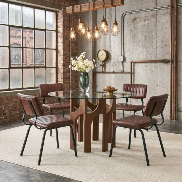 English Elm Brown Faux Leather Tufted Chair and Round Tempered Glass Table Industrial Dining Set W3875S00184