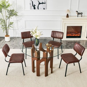 English Elm Brown Faux Leather Tufted Chair and Round Tempered Glass Table Industrial Dining Set W3875S00184