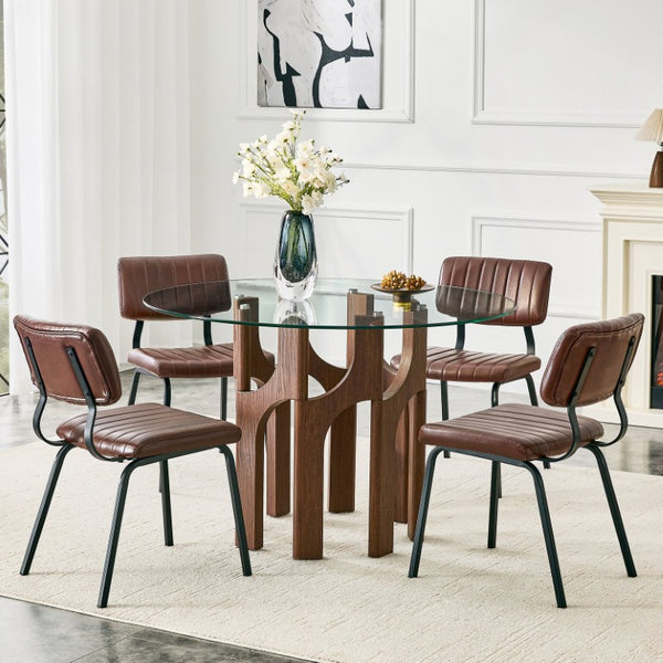 English Elm Brown Faux Leather Tufted Chair and Round Tempered Glass Table Industrial Dining Set W3875S00184