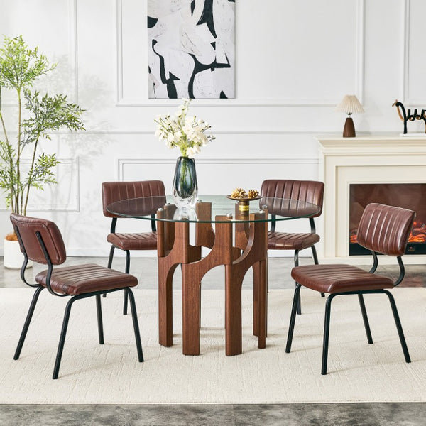 English Elm Brown Faux Leather Tufted Chair and Round Tempered Glass Table Industrial Dining Set W3875S00184