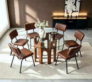 English Elm Brown Faux Leather Tufted Chair and Round Tempered Glass Table Industrial Dining Set W3875S00184