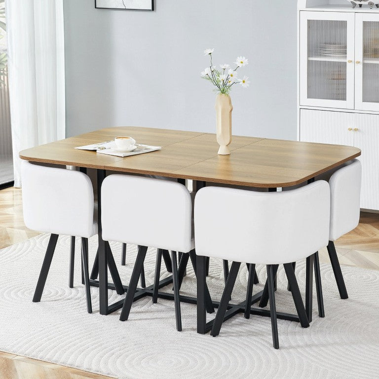 English Elm White PU Leather 6 Piece Dining Set with Melamine Table and Foam Padded Chairs W3875S00186