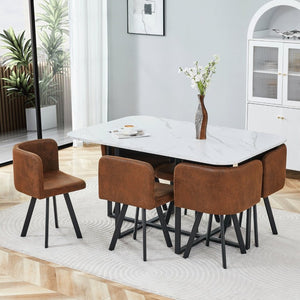 English Elm 6 Brown PU Leather Chairs Faux Marble Rectangular Table Modern 7 Piece Dining Set W3875S00190