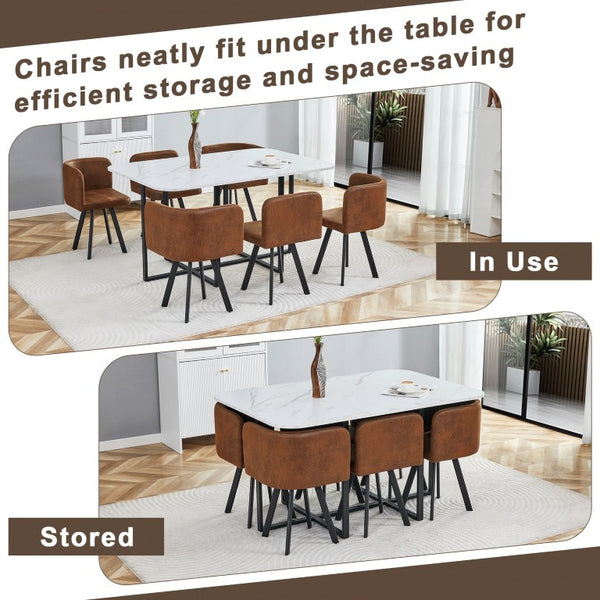 English Elm 6 Brown PU Leather Chairs Faux Marble Rectangular Table Modern 7 Piece Dining Set W3875S00190