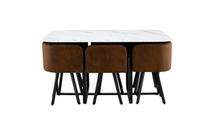 English Elm 6 Brown PU Leather Chairs Faux Marble Rectangular Table Modern 7 Piece Dining Set W3875S00190