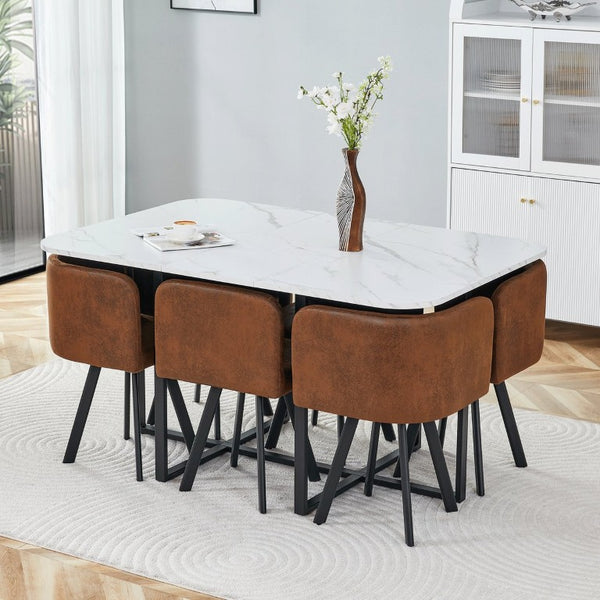 English Elm 6 Brown PU Leather Chairs Faux Marble Rectangular Table Modern 7 Piece Dining Set W3875S00190