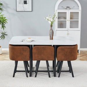 English Elm 6 Brown PU Leather Chairs Faux Marble Rectangular Table Modern 7 Piece Dining Set W3875S00190