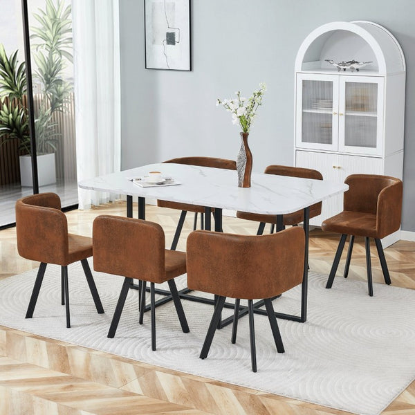English Elm 6 Brown PU Leather Chairs Faux Marble Rectangular Table Modern 7 Piece Dining Set W3875S00190