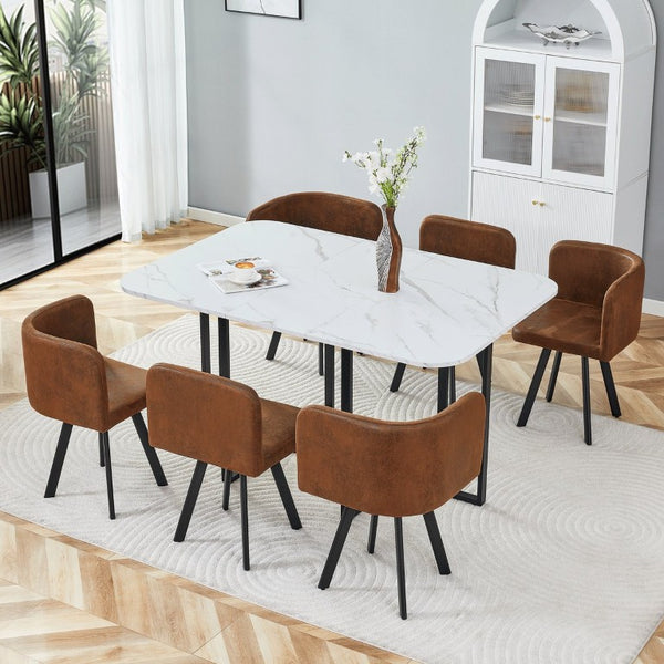 English Elm 6 Brown PU Leather Chairs Faux Marble Rectangular Table Modern 7 Piece Dining Set W3875S00190