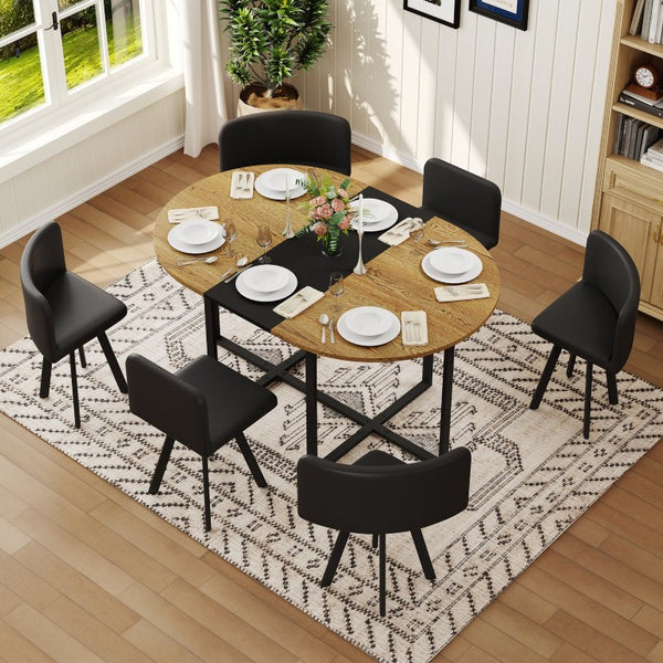 English Elm 6 Piece Oval Dining Set with Wingback PU Chairs and Two Tone Wood Metal Table W3875S00196