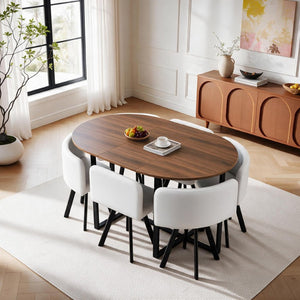 English Elm 6 Curved PU Leather Dining Chairs with Oval Walnut Tabletop and Black Metal Frame W3875S00199
