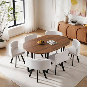 English Elm 6 Curved PU Leather Dining Chairs with Oval Walnut Tabletop and Black Metal Frame W3875S00199