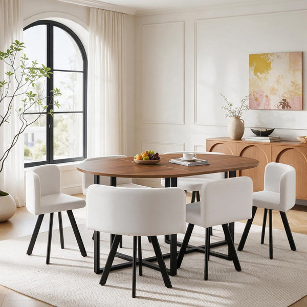 English Elm 6 Curved PU Leather Dining Chairs with Oval Walnut Tabletop and Black Metal Frame W3875S00199