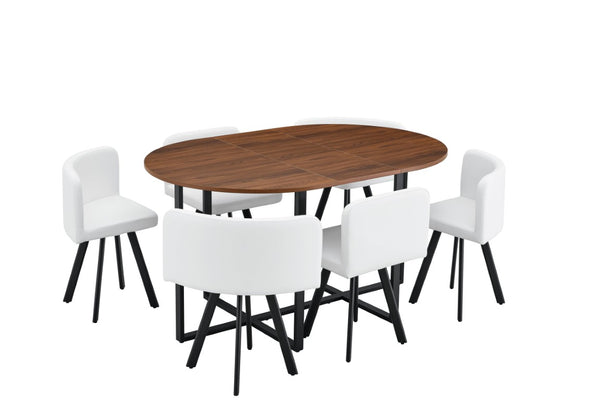 English Elm 6 Curved PU Leather Dining Chairs with Oval Walnut Tabletop and Black Metal Frame W3875S00199