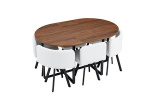 English Elm 6 Curved PU Leather Dining Chairs with Oval Walnut Tabletop and Black Metal Frame W3875S00199