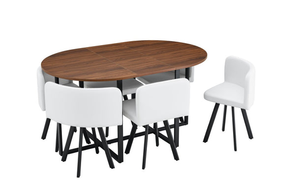 English Elm 6 Curved PU Leather Dining Chairs with Oval Walnut Tabletop and Black Metal Frame W3875S00199