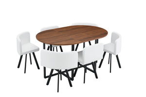 English Elm 6 Curved PU Leather Dining Chairs with Oval Walnut Tabletop and Black Metal Frame W3875S00199