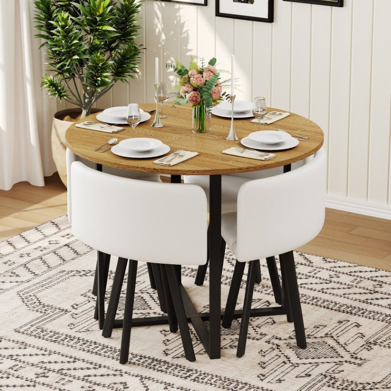 English Elm 39.4 Inch Round Wood Grain Dining Set Seats 4 with PU Leather Chairs for Small Spaces White W3875S00201