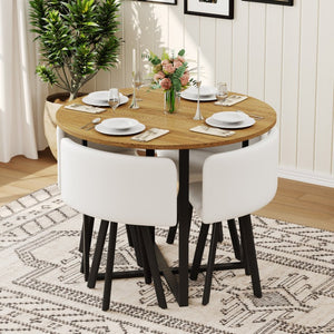 English Elm 39.4 Inch Round Wood Grain Dining Set Seats 4 with PU Leather Chairs for Small Spaces White W3875S00201