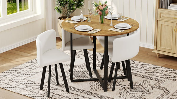English Elm 39.4 Inch Round Wood Grain Dining Set Seats 4 with PU Leather Chairs for Small Spaces White W3875S00201