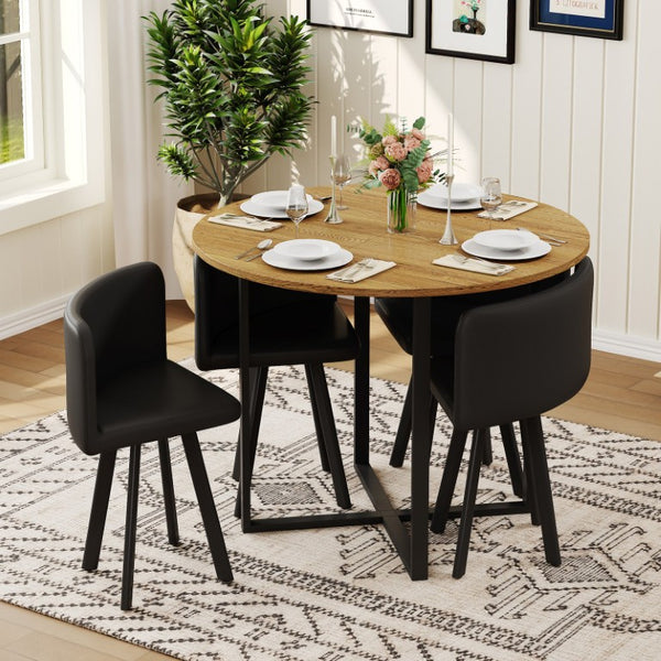 English Elm 39.4 Inch Round Wood Grain Dining Set Seats 4 with PU Leather Chairs for Small Spaces Black W3875S00202