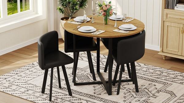 English Elm 39.4 Inch Round Wood Grain Dining Set Seats 4 with PU Leather Chairs for Small Spaces Black W3875S00202
