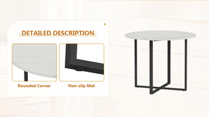 English Elm Round Marble Grain Dining Set for 4 with PU Leather Chairs and Metal Base White Marble W3875S00203