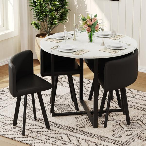 English Elm Round Marble Grain Dining Set for 4 with PU Leather Chairs and Metal Base Black, White Marble W3875S00204