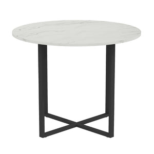 English Elm Round Marble Grain Dining Set for 4 with PU Leather Chairs and Metal Base Black, White Marble W3875S00204