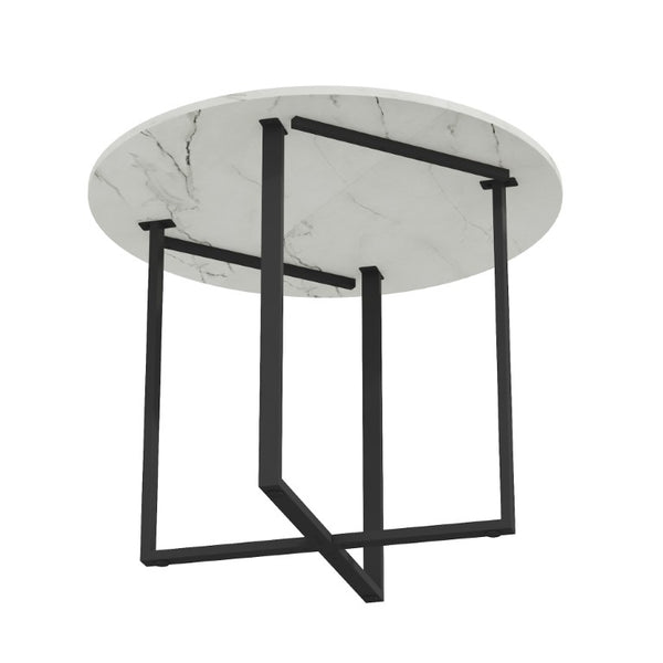 English Elm Round Marble Grain Dining Set for 4 with PU Leather Chairs and Metal Base Black, White Marble W3875S00204