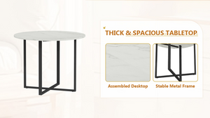 English Elm Round Marble Grain Dining Set for 4 with PU Leather Chairs and Metal Base Black, White Marble W3875S00204