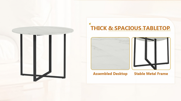 English Elm Round Marble Grain Dining Set for 4 with PU Leather Chairs and Metal Base Black, White Marble W3875S00204