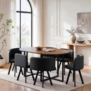 English Elm 6 Piece PU Leather Curved Chair Set with Oval Walnut Grain Table for Family Dining W3875S00207