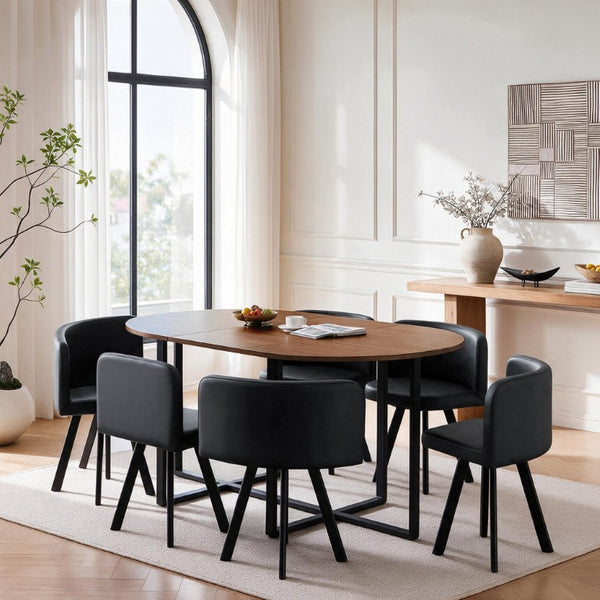 English Elm 6 Piece PU Leather Curved Chair Set with Oval Walnut Grain Table for Family Dining W3875S00207