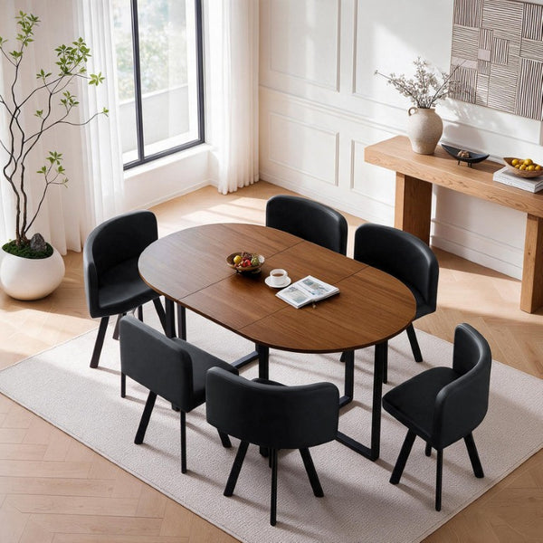English Elm 6 Piece PU Leather Curved Chair Set with Oval Walnut Grain Table for Family Dining W3875S00207