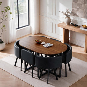 English Elm 6 Piece PU Leather Curved Chair Set with Oval Walnut Grain Table for Family Dining W3875S00207