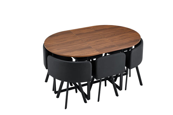 English Elm 6 Piece PU Leather Curved Chair Set with Oval Walnut Grain Table for Family Dining W3875S00207