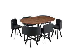 English Elm 6 Piece PU Leather Curved Chair Set with Oval Walnut Grain Table for Family Dining W3875S00207
