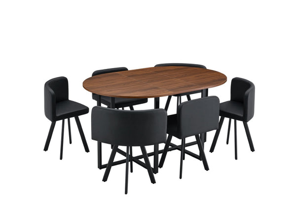 English Elm 6 Piece PU Leather Curved Chair Set with Oval Walnut Grain Table for Family Dining W3875S00207