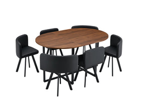 English Elm 6 Piece PU Leather Curved Chair Set with Oval Walnut Grain Table for Family Dining W3875S00207